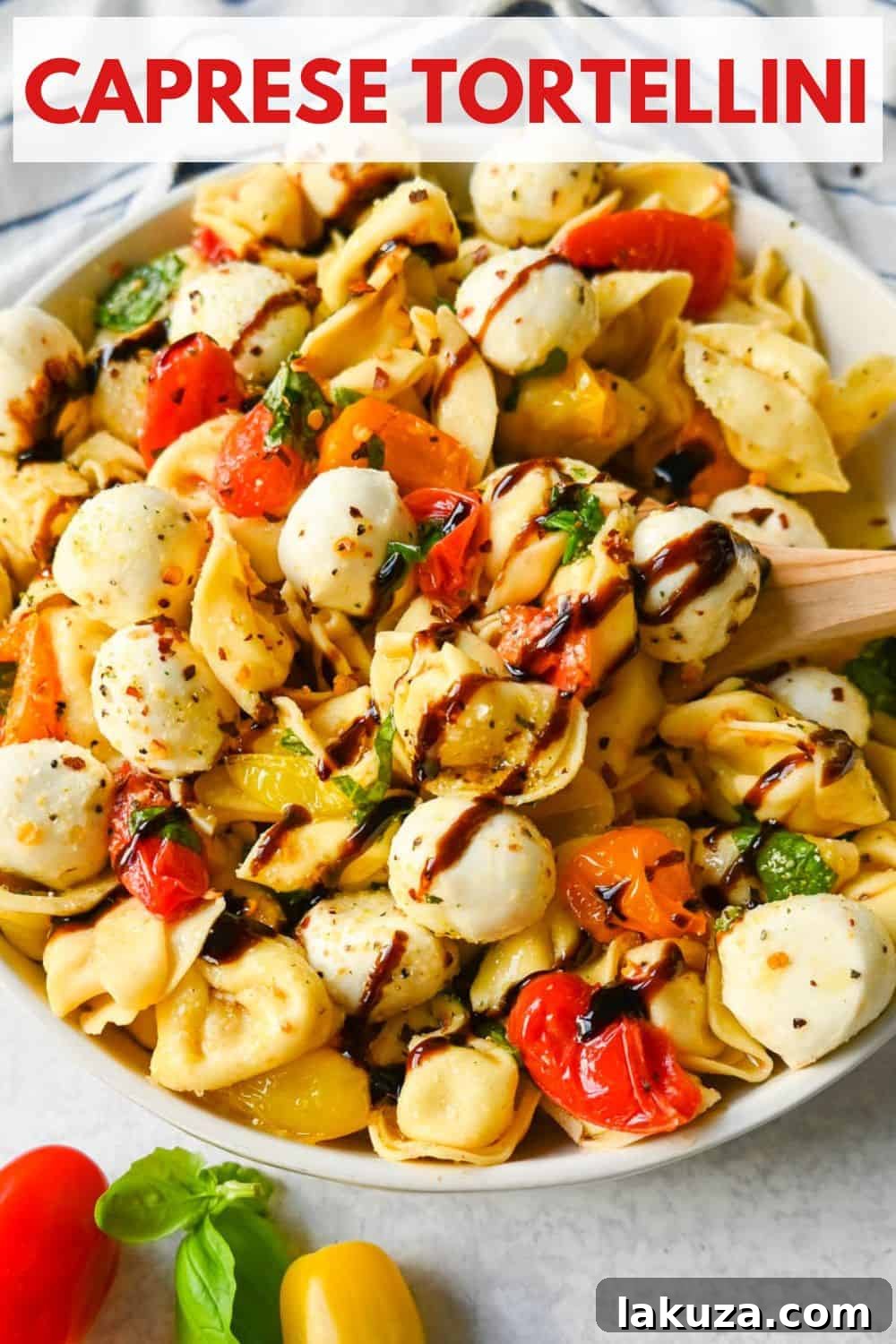 Sun-Kissed Caprese Tortellini 6 This Caprese Tortellini is made with cheese Tortellini tossed with sauteed garlic and tomatoes in extra virgin olive oil, fresh basil, and fresh mozzarella and spices. This fresh tortellini caprese pasta is perfect for summer!
