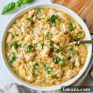 Creamy Chicken and Broccoli Orzo Bake 6 Creamy Chicken Broccoli Orzo made with sauteed chicken, fresh broccoli, orzo pasta in a cheesy sauce. This easy Cheesy Chicken Broccoli Orzo Skillet 30-minute meal is creamy and delicious!