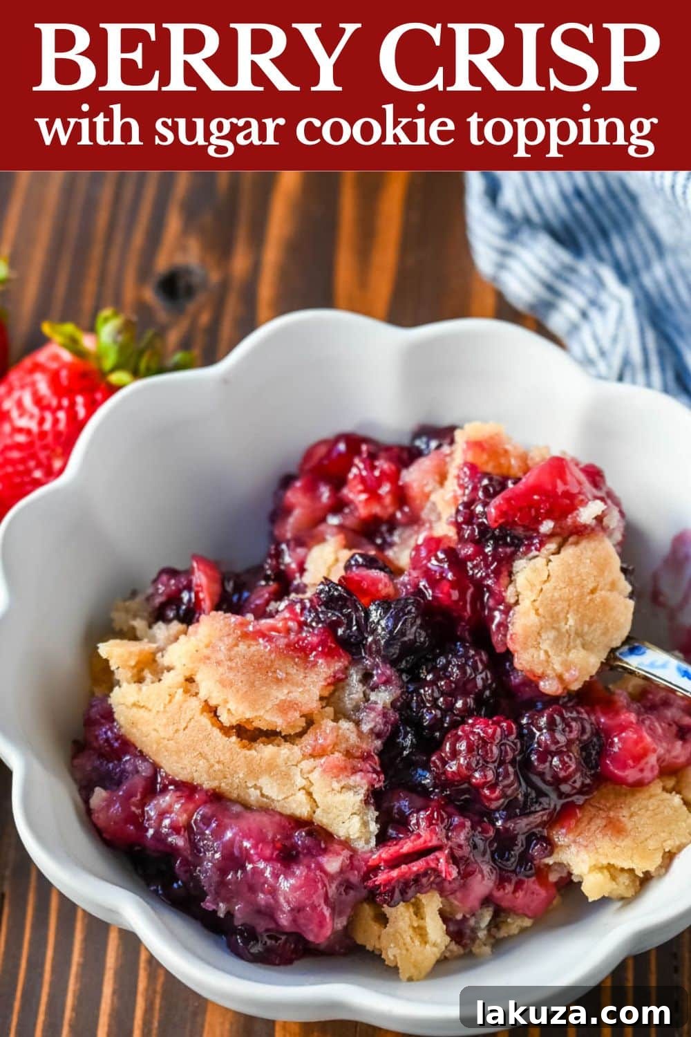 A stunning overhead shot of the homemade Mixed Berry Crisp, richly golden with its buttery sugar cookie crumble topping, a perfect summer dessert.