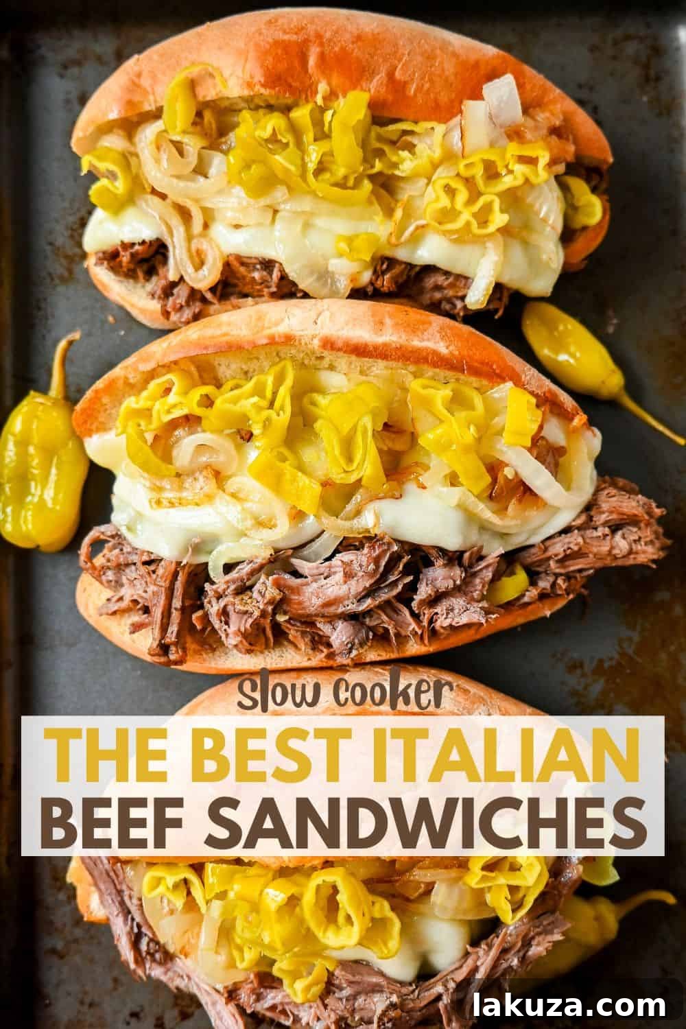 Artistically plated Slow Cooker Italian Beef Sandwich, garnished with extra peppers and served with a side of au jus.