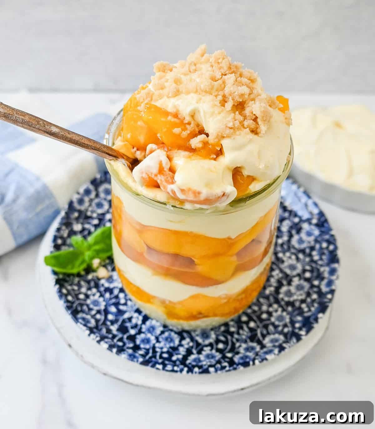 Ingredients laid out for making a Magnolia Bakery Peach Crisp Pudding.