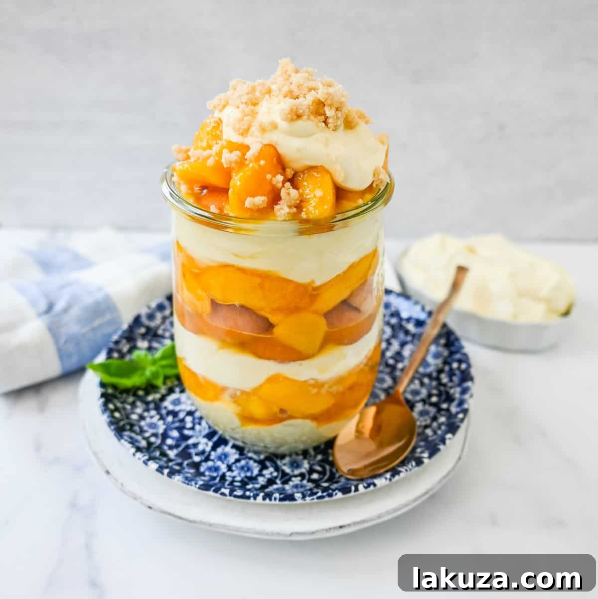 A finished Magnolia Bakery Peach Crisp Pudding, ready to be served.