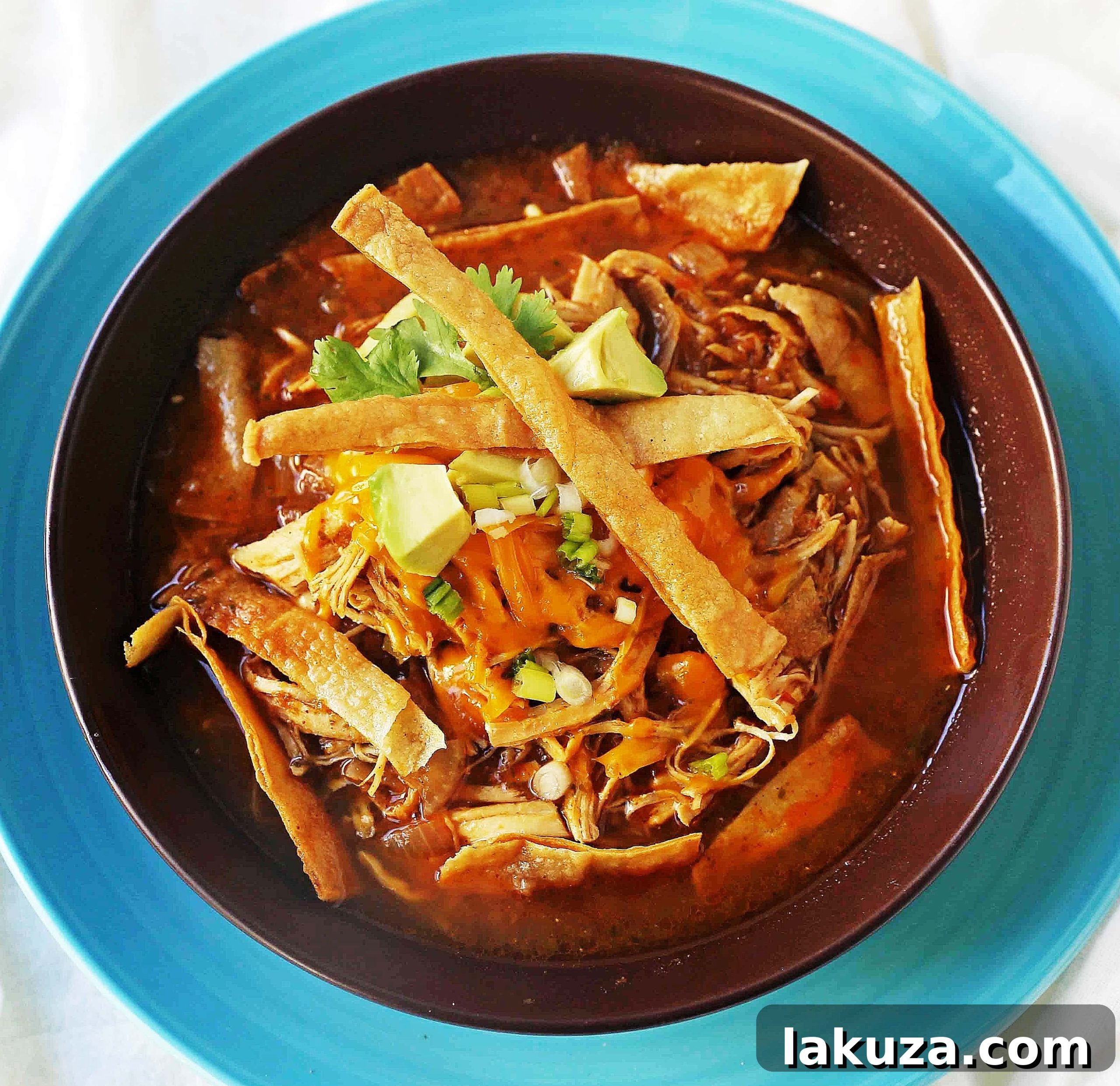 Hearty Chicken Tortilla Soup 2 Delicious Homemade Chicken Tortilla Soup in a bowl, garnished with crispy tortilla strips, fresh avocado slices, and cilantro. Perfect for a cozy meal.