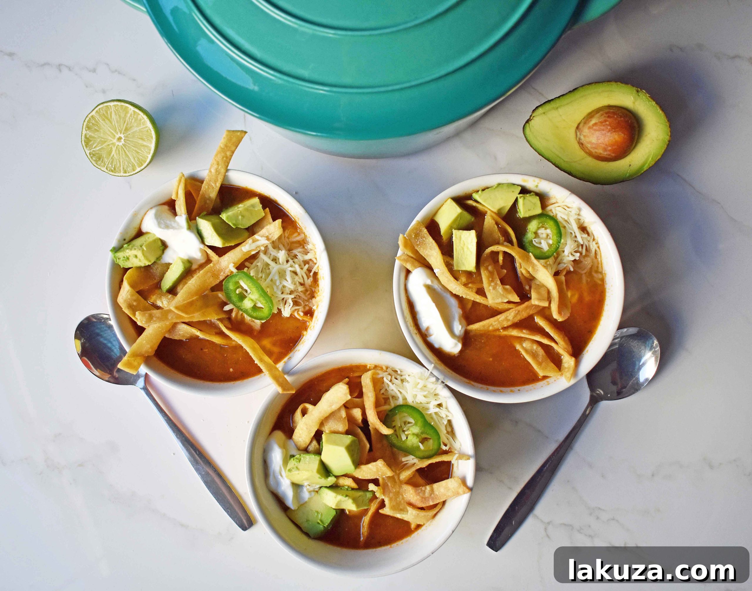 Hearty Chicken Tortilla Soup 4 Close-up of freshly prepared Chicken Tortilla Soup by Modern Honey, showcasing the vibrant colors and appealing textures of this scratch-made dish.