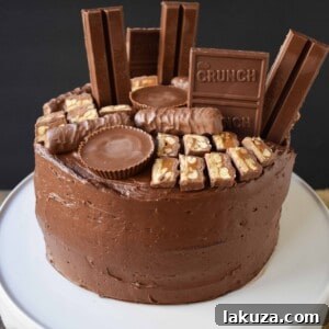 Candy Bar Stash Chocolate Cake. A 5-star rated moist chocolate cake recipe with perfect chocolate buttercream topped with chocolate candy bars. The perfect birthday cake for the chocolate lover or Halloween cake. www.modernhoney.com