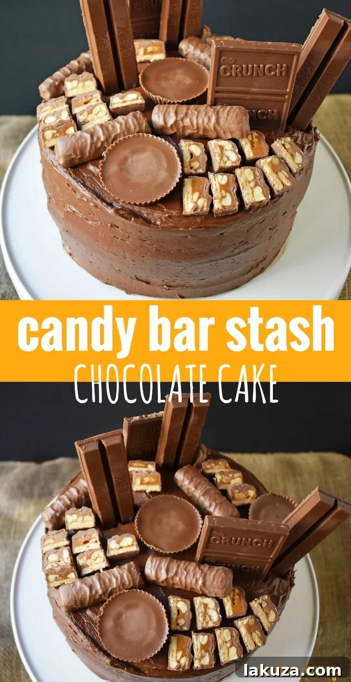A chocolate lover's dream come true! This 5-star rated Chocolate Candy Bar Cake features a supremely moist chocolate cake, rich chocolate buttercream frosting, and a delightful topping of assorted chocolate candy bars like Snickers, Reese's, Kit Kat, Crunch, and Twix. An irresistible dessert perfect for any chocolate occasion.