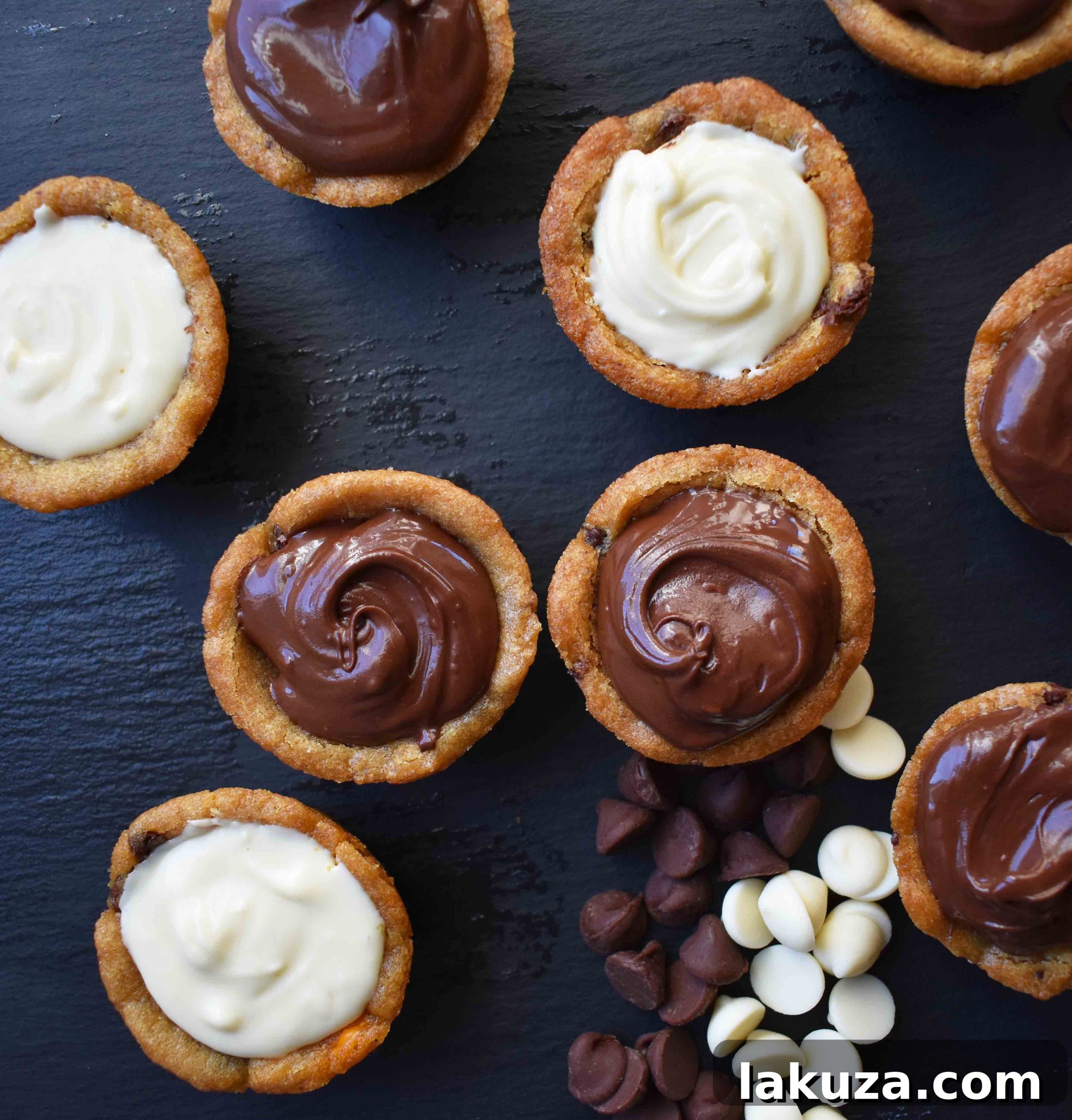 Close-up of a perfectly baked Chocolate Ganache Filled Cookie Cup, highlighting its rich, glossy filling and appealing texture.