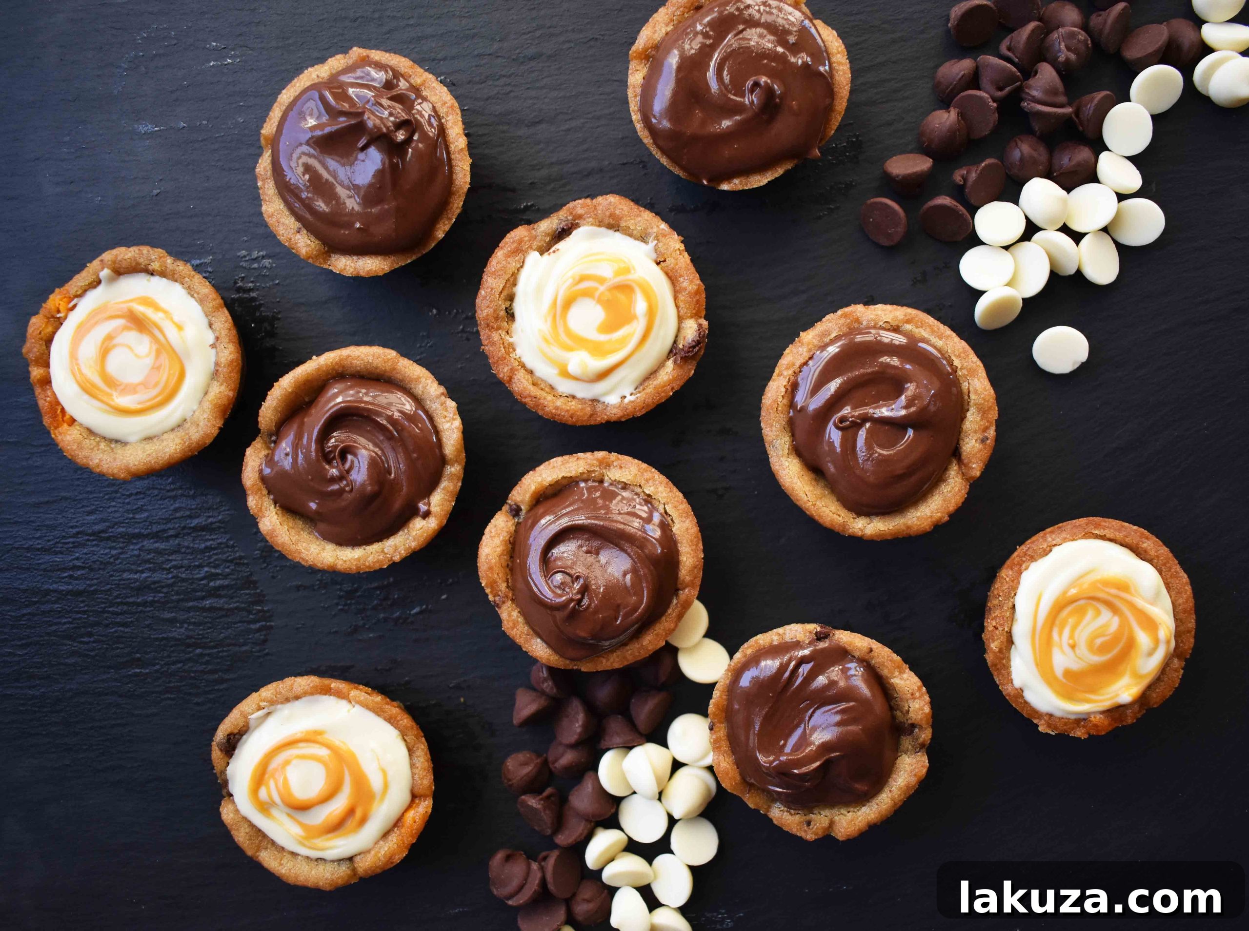 An array of Chocolate Ganache Filled Cookie Cups, featuring diverse chocolate types and artistic swirl patterns, highlighting customization options.