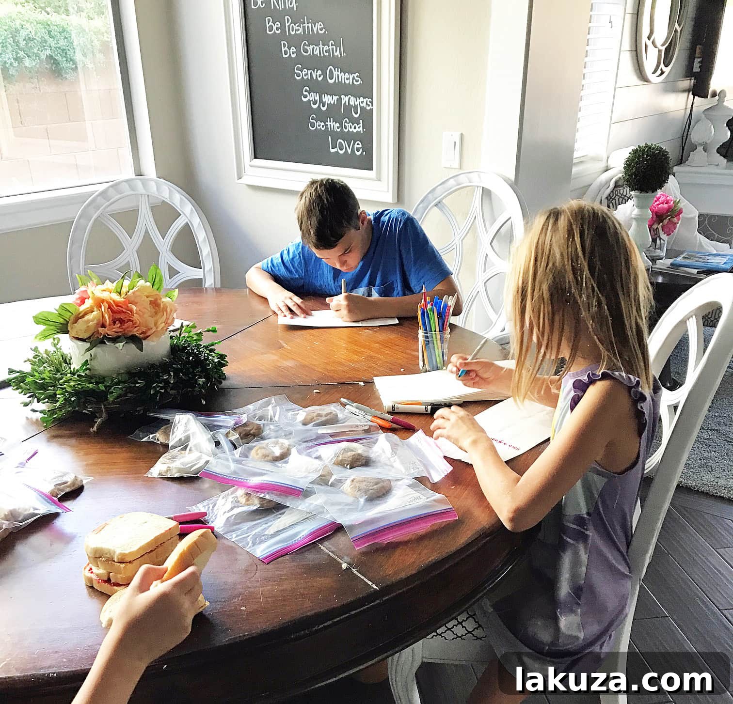 Children participating in a 'Bake Some Good' initiative, making lunch bags to deliver to the homeless in Phoenix, emphasizing community service and empathy.