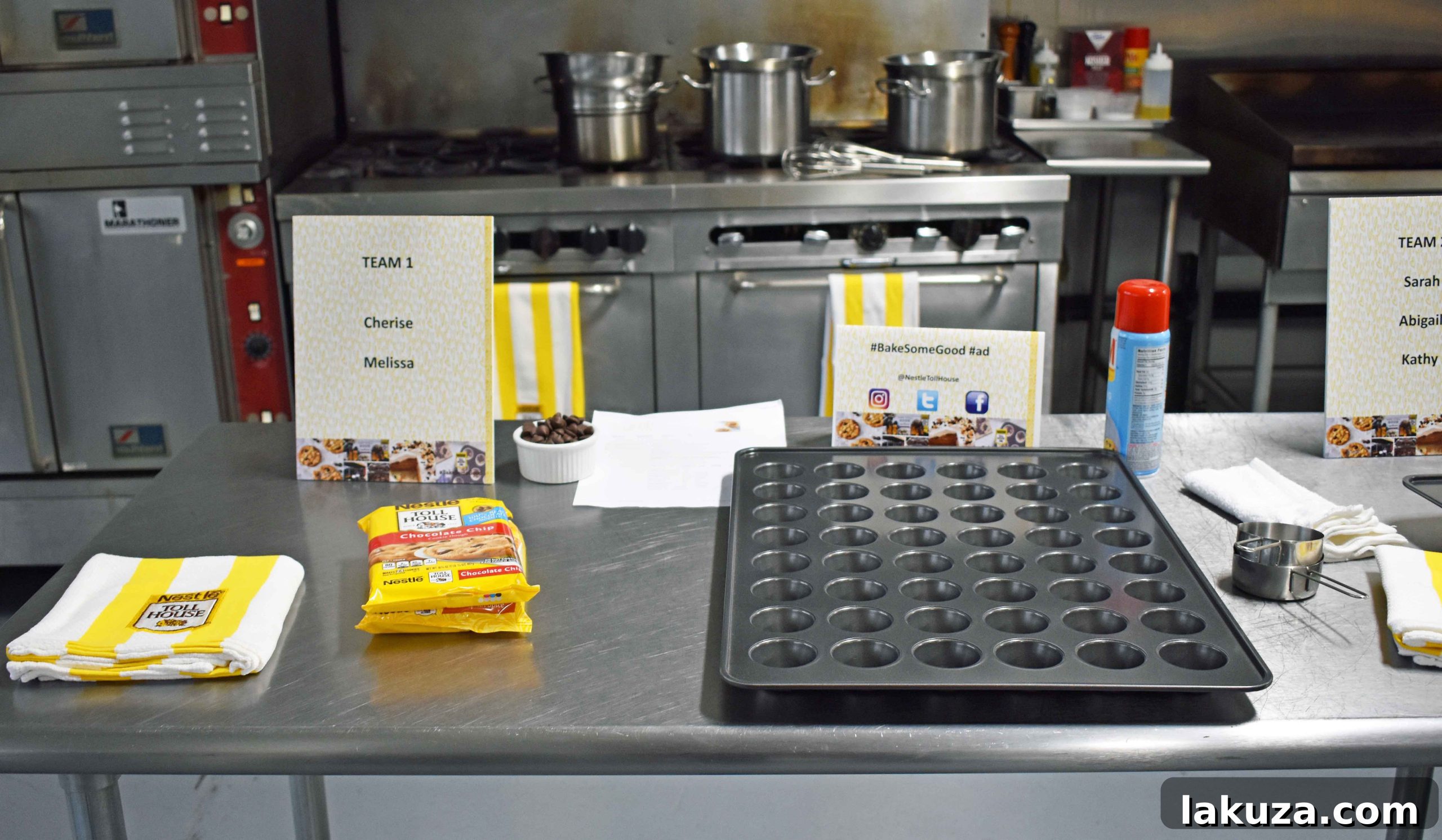 Author and Cherise, Nestle bakers, enthusiastically preparing chocolate chip cookie cups in the Nestle test kitchen for the Bake Some Good campaign.