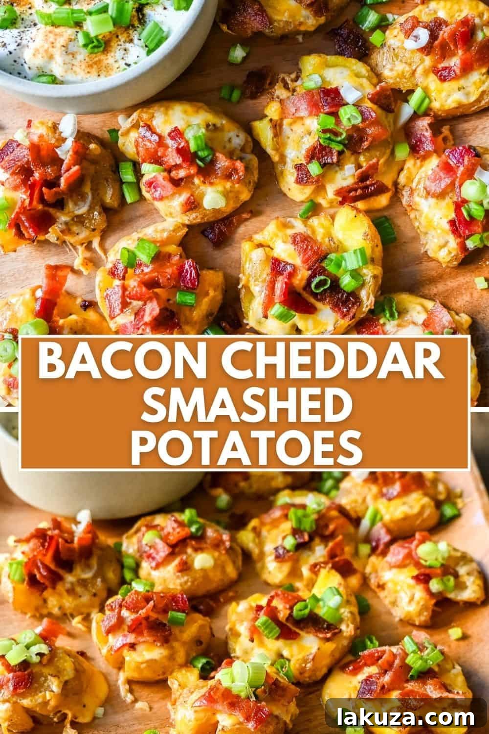 Loaded Bacon Cheddar Smashed Potatoes. Crispy and buttery smashed potatoes topped with bacon, cheddar cheese, and green onions. The perfect side dish.