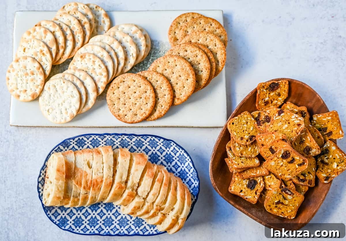 Creating a Showstopping Charcuterie Board 11 An array of crackers and bread slices, including flatbreads, round crackers, and baguette slices, all perfect accompaniments for a charcuterie board.