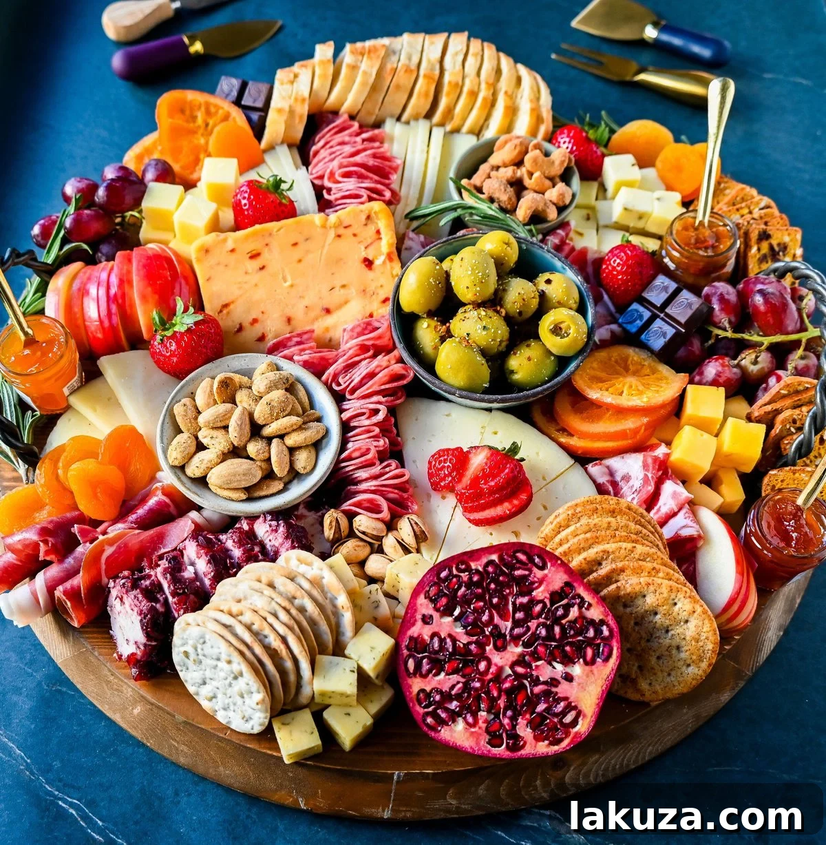 Creating a Showstopping Charcuterie Board 15 A diverse charcuterie board featuring a mix of cheeses, various cured meats arranged artfully, fresh and dried fruits, nuts, and crackers, creating a rich tapestry of flavors.