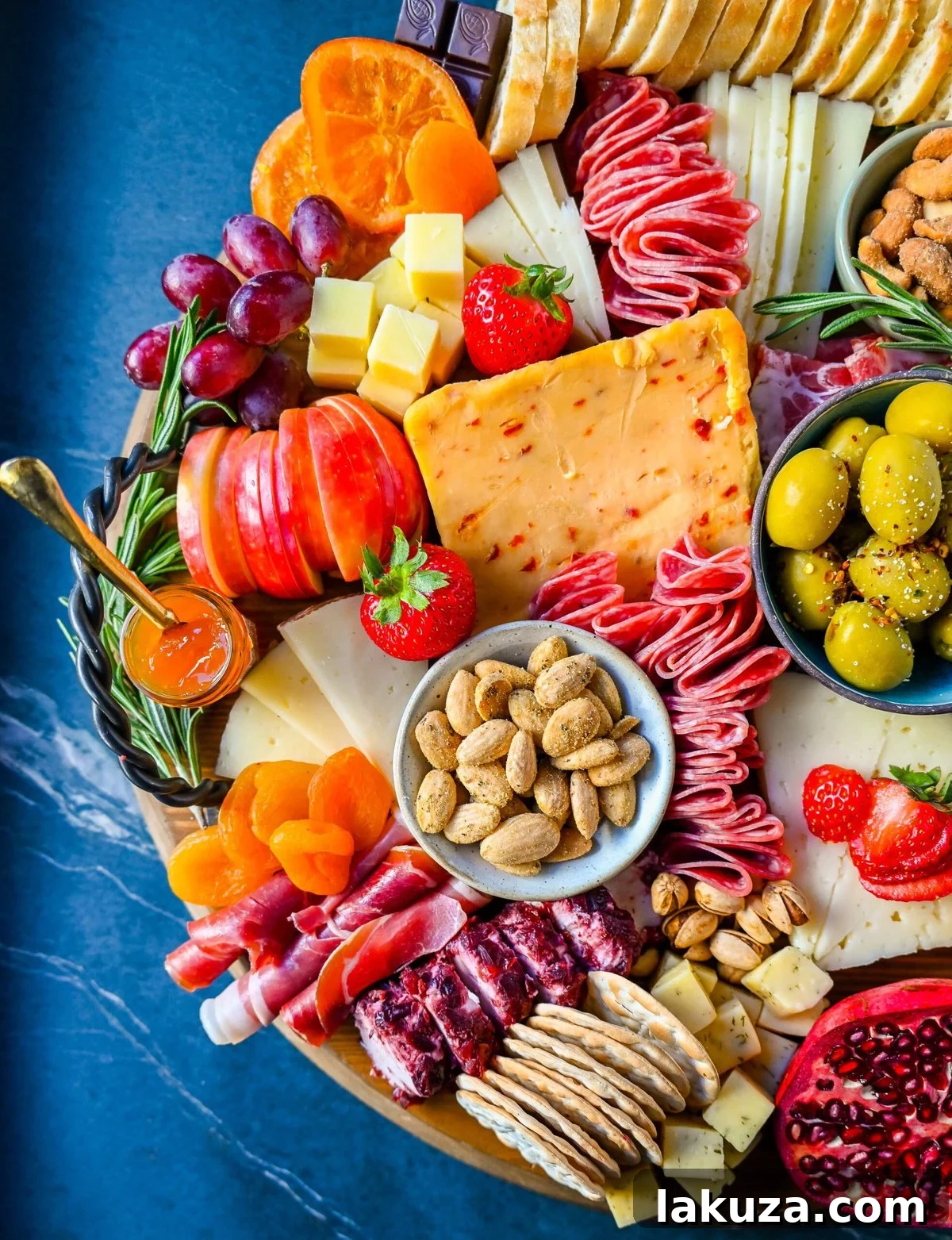 Creating a Showstopping Charcuterie Board 17 A vibrant and colorful charcuterie board showcasing a variety of cheeses, thinly sliced cured meats, fresh berries, grapes, and unique crackers, all artfully arranged for visual appeal.