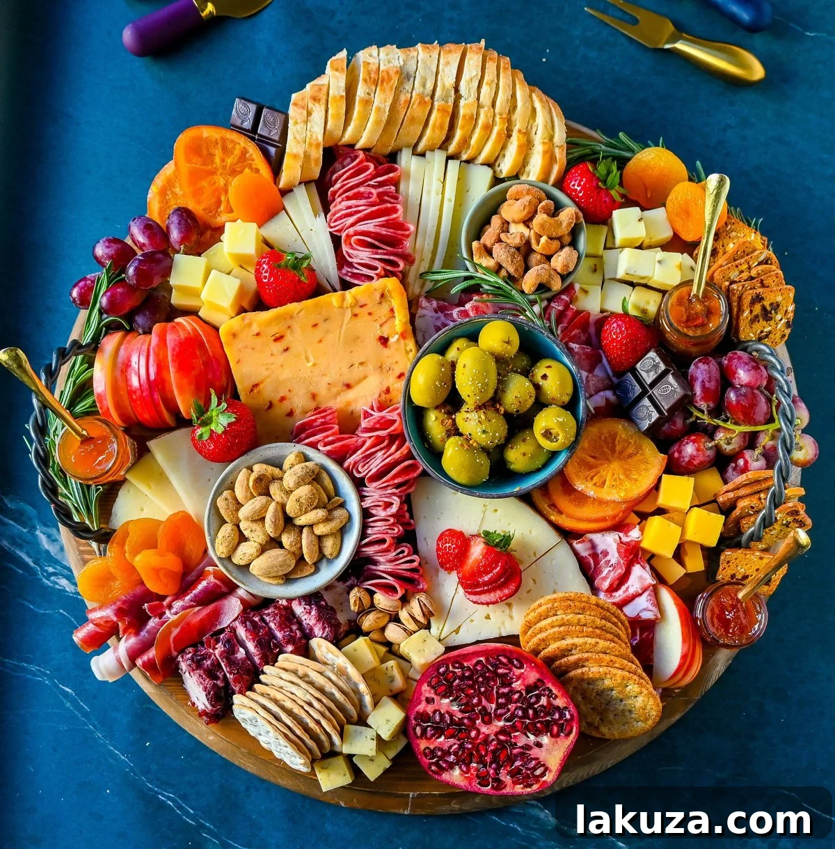Creating a Showstopping Charcuterie Board 3 A beautifully arranged charcuterie board featuring a rich assortment of cheeses, cured meats, grapes, berries, and various crackers, inviting guests to indulge in a gourmet tasting experience.