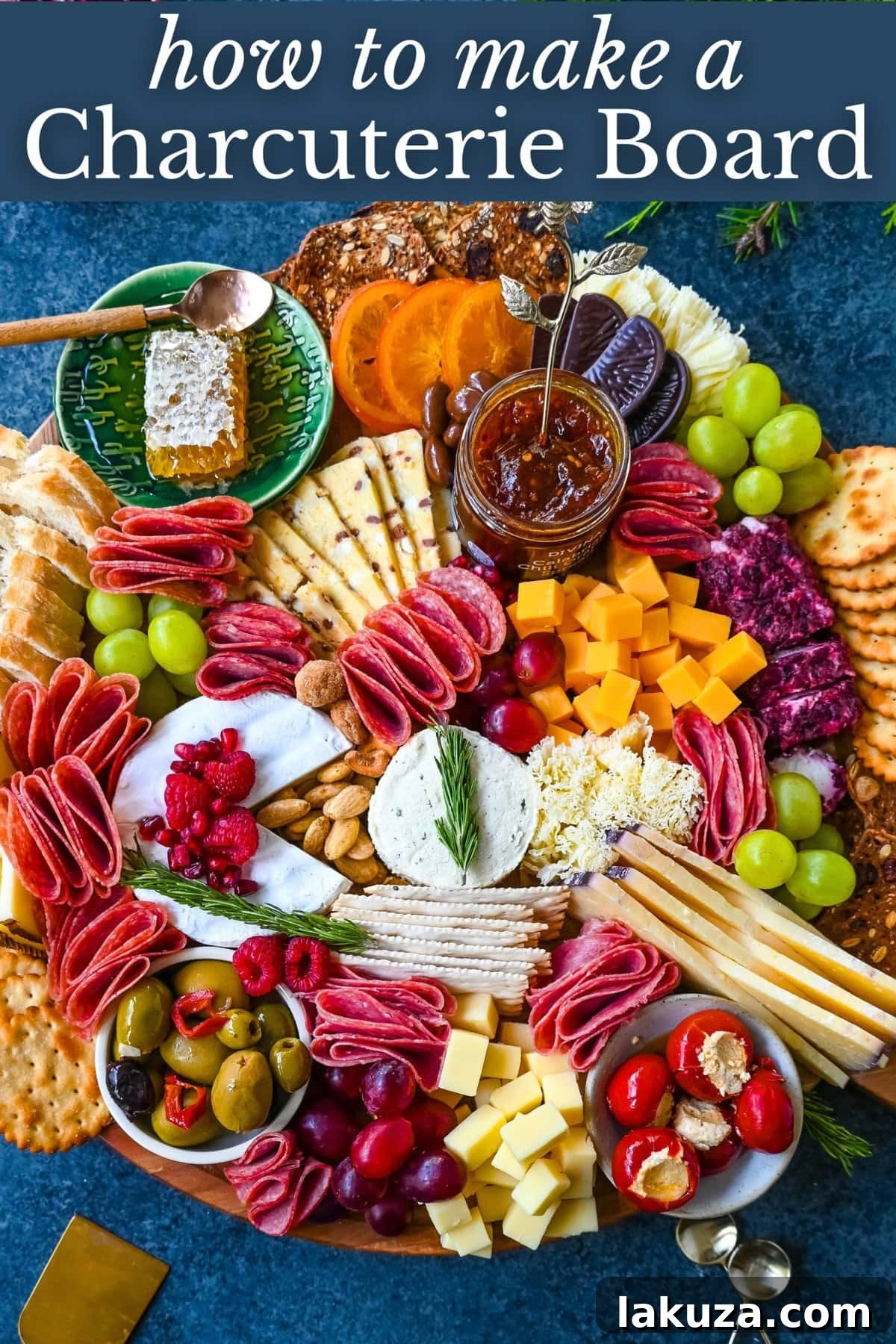 Creating a Showstopping Charcuterie Board 18 An overhead view of a masterfully crafted charcuterie board, abundant with a selection of cheeses, various cured meats, fresh grapes, figs, crackers, and bowls of olives and nuts, ready for a gathering.