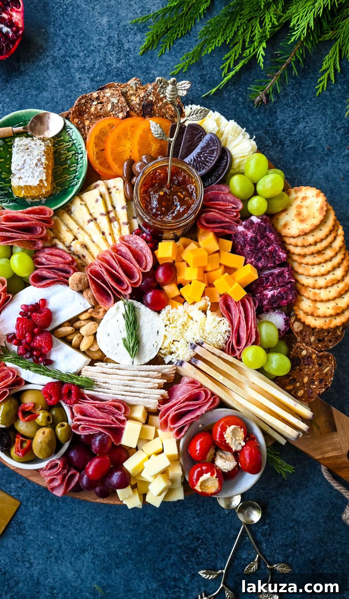 Creating a Showstopping Charcuterie Board 4 An overhead shot of a charcuterie board filled with colorful fresh fruits, an assortment of nuts, and artisanal cheeses, creating a vibrant and appealing display.