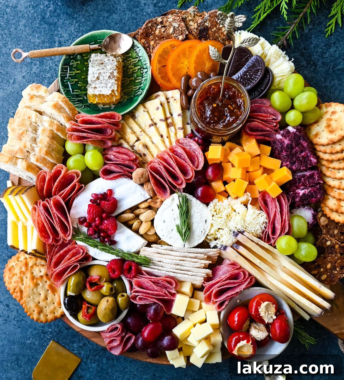 Creating a Showstopping Charcuterie Board 9 A close-up of an overflowing charcuterie board, emphasizing the rich textures of cheeses, intricately folded cured meats, and vibrant fresh berries.