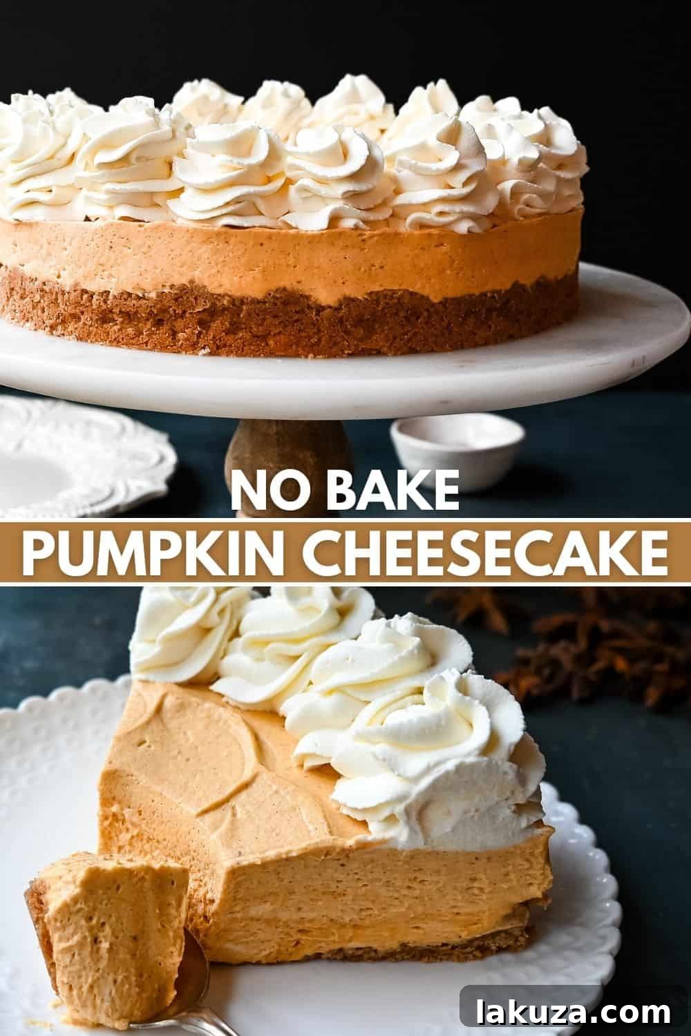 Effortless Pumpkin Cheesecake 10 A beautiful top-down shot of a large No-Bake Pumpkin Cheesecake, richly adorned with piped whipped cream, perfect for a festive table.