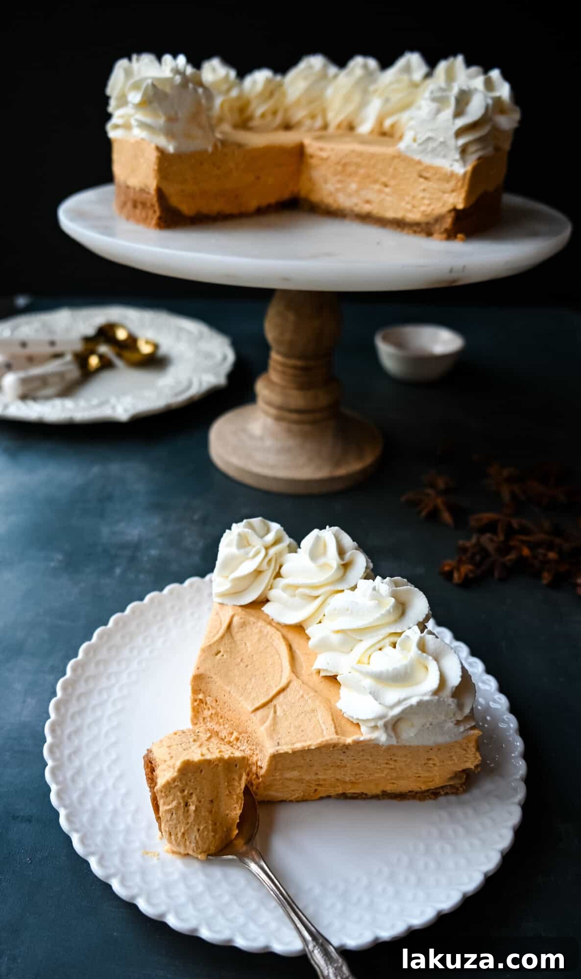 Effortless Pumpkin Cheesecake 8 A top-down view of a fully decorated No-Bake Pumpkin Cheesecake, adorned with generous piped whipped cream and a hint of spice.