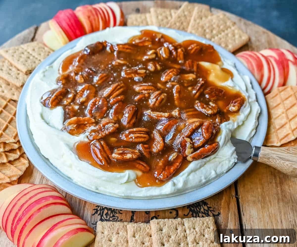 No Bake Pecan Pie Dip. This Pecan Pie Dip is made with creamy, fluffy, sweet cream cheese and whipped cream topped with a homemade pecan caramel sauce. This is all of the flavors of pecan pie without all of the work. A sweet and delicious holiday appetizer.