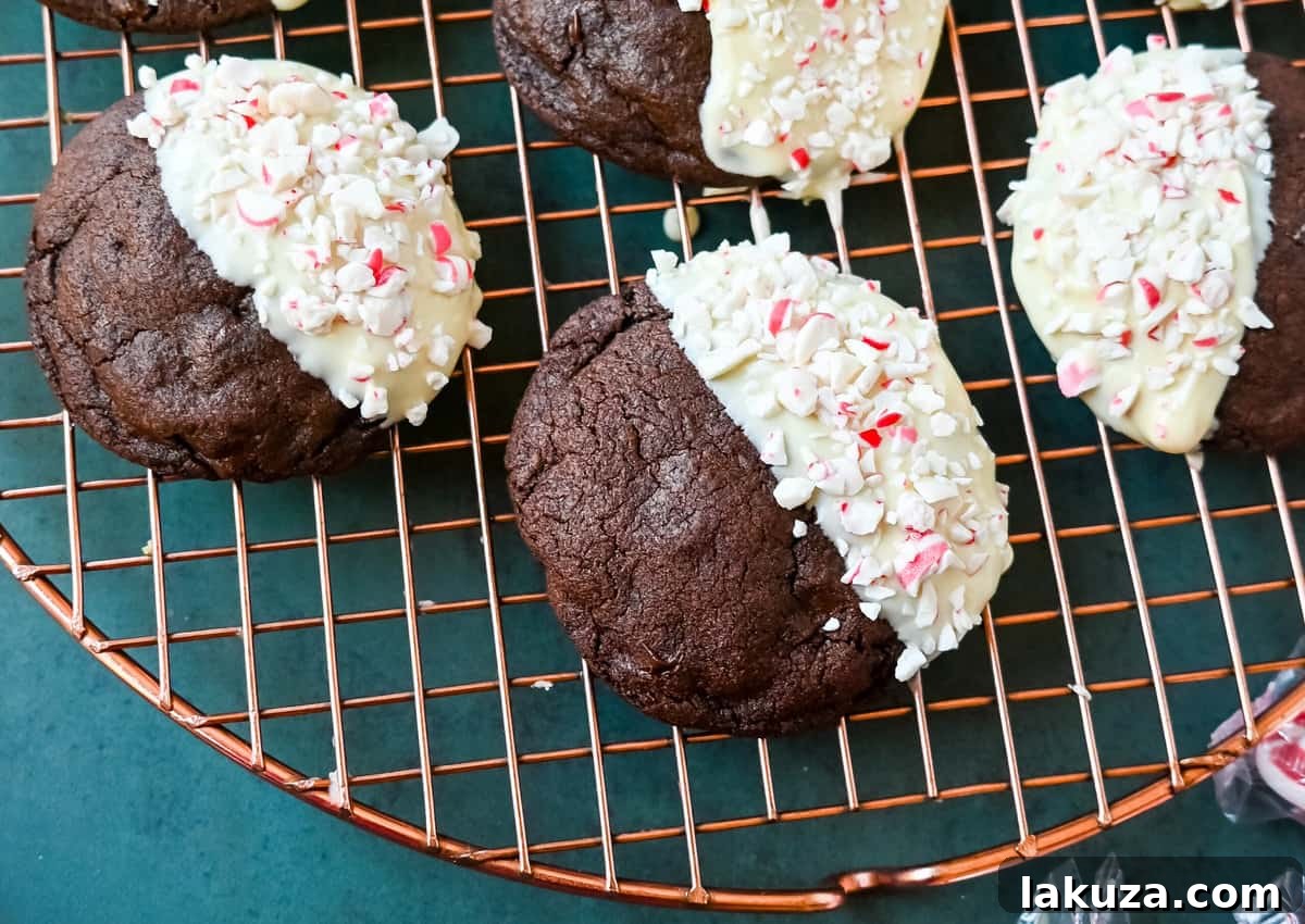 White Chocolate Dipped Peppermint Chocolate Cookies. The Double Chocolate Peppermint Cookies are soft baked, rich double chocolate brownie cookies dipped in white chocolate and covered with peppermint candy canes. The perfect Christmas holiday cookie recipe.