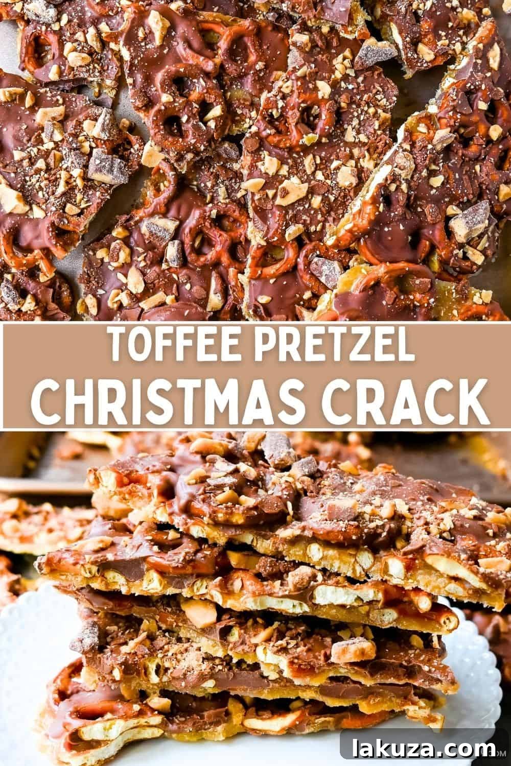 A stunning close-up of Toffee Pretzel Christmas Crack with all its delicious layers and toppings, ready to be enjoyed.