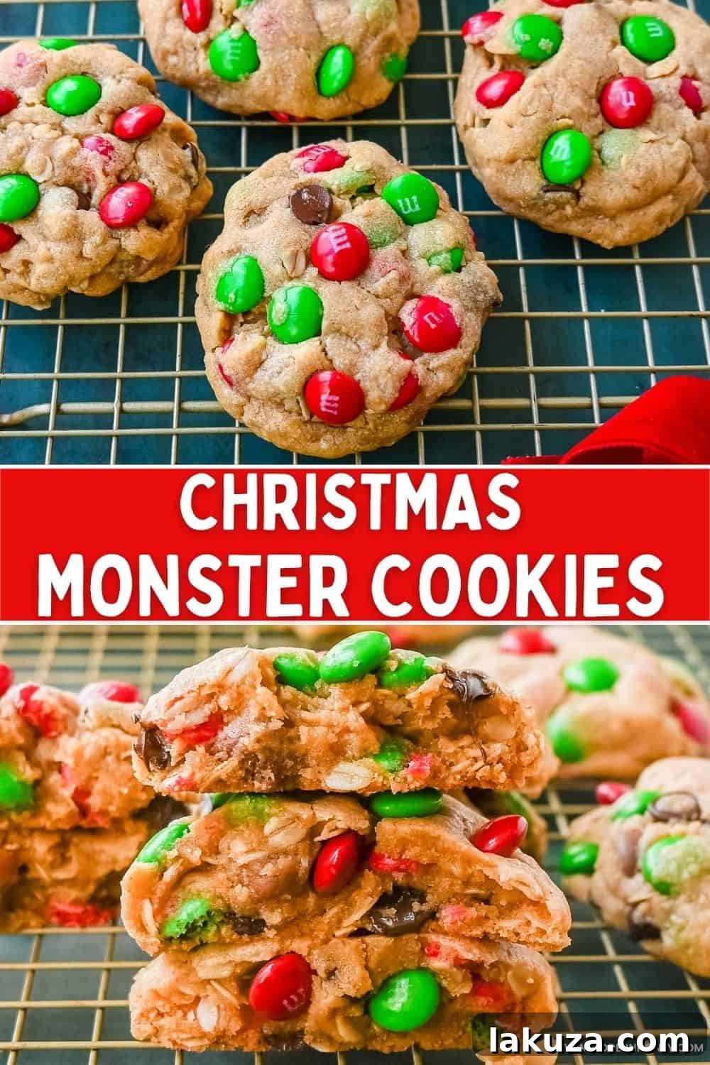 A stack of freshly baked Christmas Monster Cookies, perfectly golden brown with visible oats, melted chocolate chips, and colorful red and green M&M's, arranged on a festive plate.