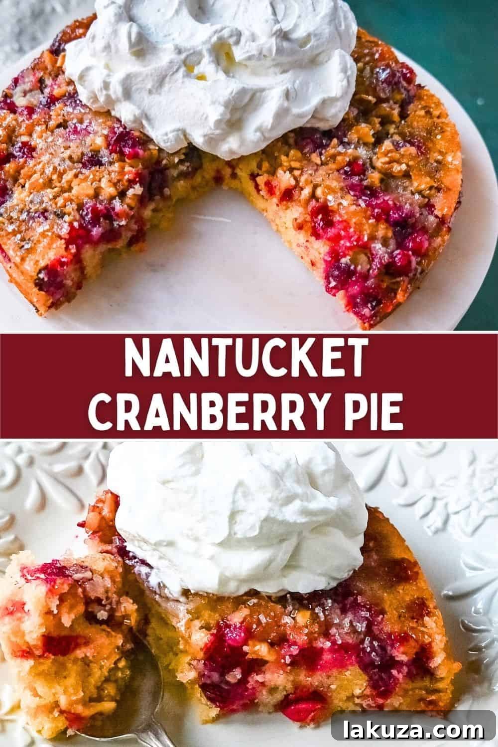 A serving of Nantucket Cranberry Pie on a white plate, showcasing its fluffy texture and rich, jewel-toned cranberries, inviting a delicious taste.