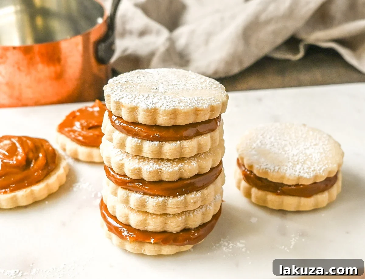 Classic Alfajores cookies with dulce de leche filling, dusted with powdered sugar.