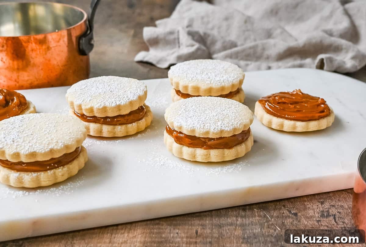 Close-up of Alfajores showing soft cookie texture and gooey dulce de leche.