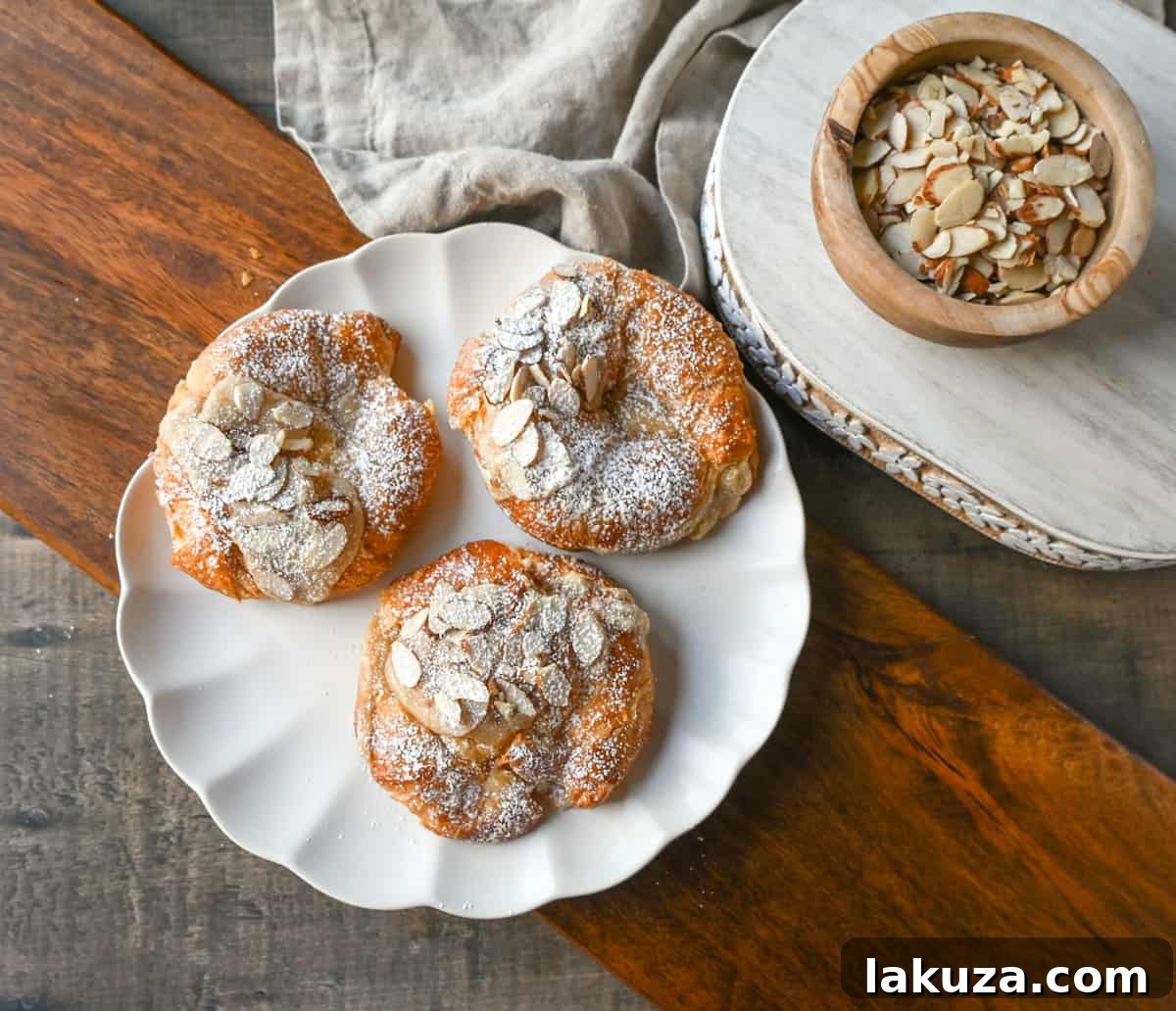 A plate of two freshly baked almond croissants, dusted with powdered sugar and garnished with extra sliced almonds.