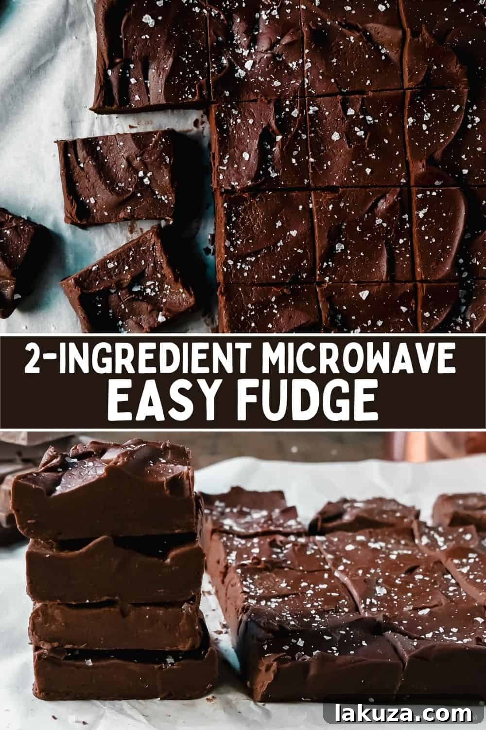 A large, tempting piece of Easy 2-Ingredient Microwave Chocolate Fudge, adorned with sea salt, on a white serving plate.