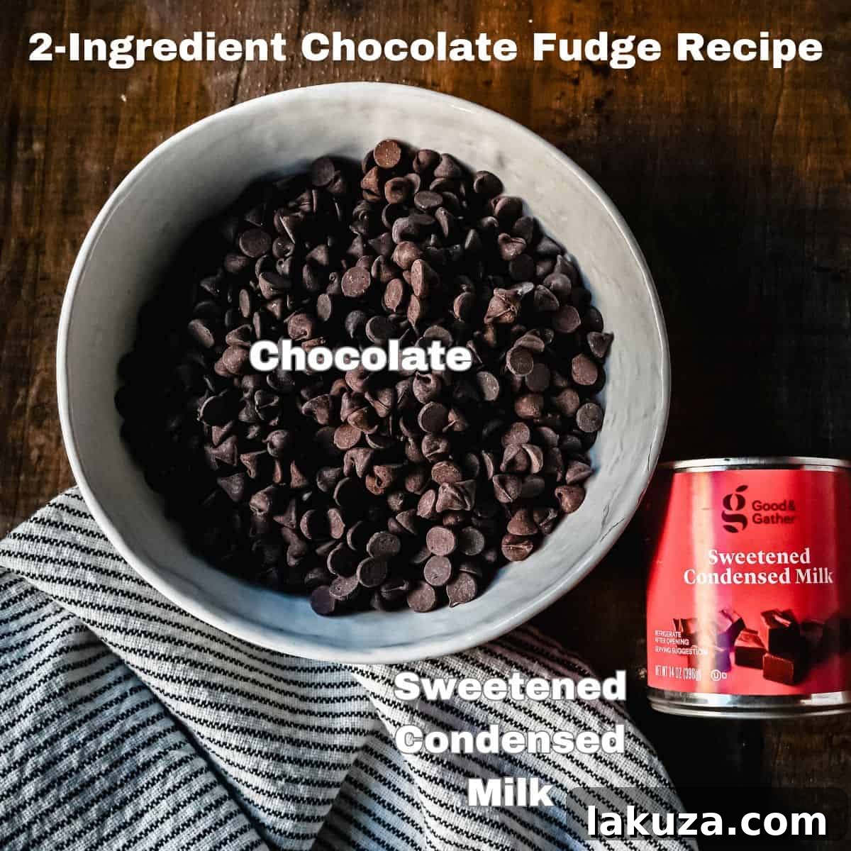 The two essential ingredients for Easy Microwave Chocolate Fudge: a bag of chocolate chips and a can of sweetened condensed milk, neatly arranged on a kitchen counter.