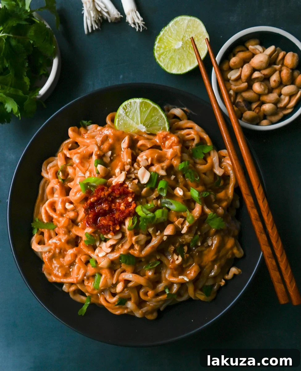 Creamy Chili Peanut Noodles 4 A close-up shot of Spicy Peanut Noodles in a bowl, showcasing the rich peanut sauce and fresh green onion garnish. This quick and easy dish is perfect for any meal.