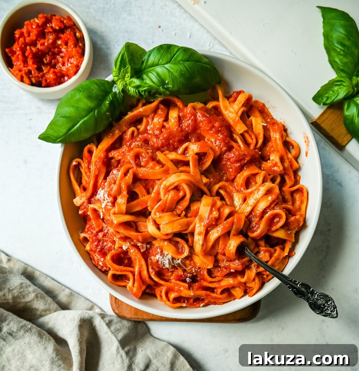 Mi Amor Spicy Pasta. Perfect Homemade Arrabbiata with Calabrian Chilies, Fresh Basil, and Parmigiano Reggiano.
