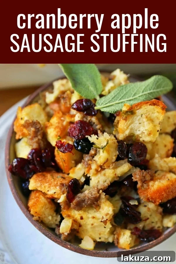 Close-up of a perfectly baked Cranberry Apple Sausage Stuffing with a golden, crispy top.