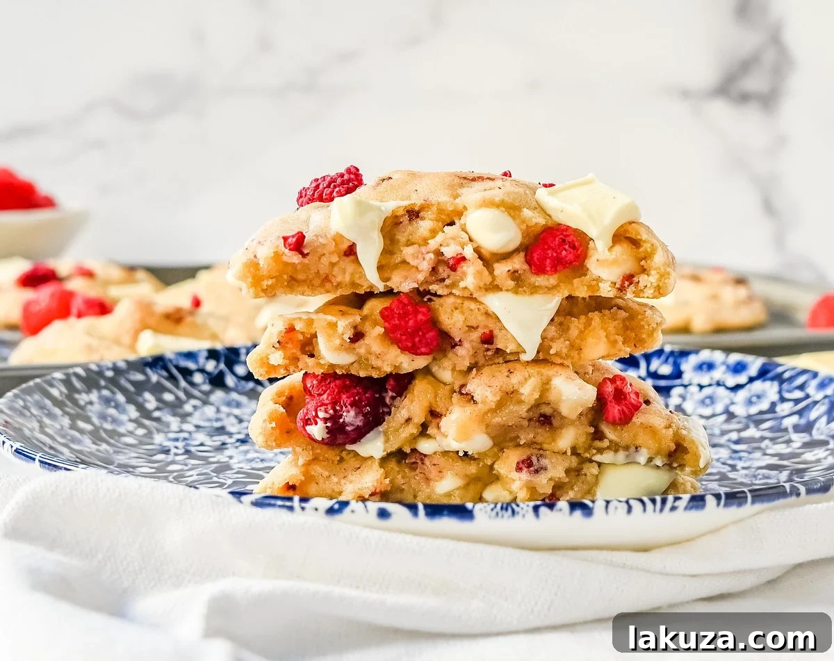 Three perfectly baked white chocolate raspberry cookies arranged on a white plate, ready to be enjoyed.