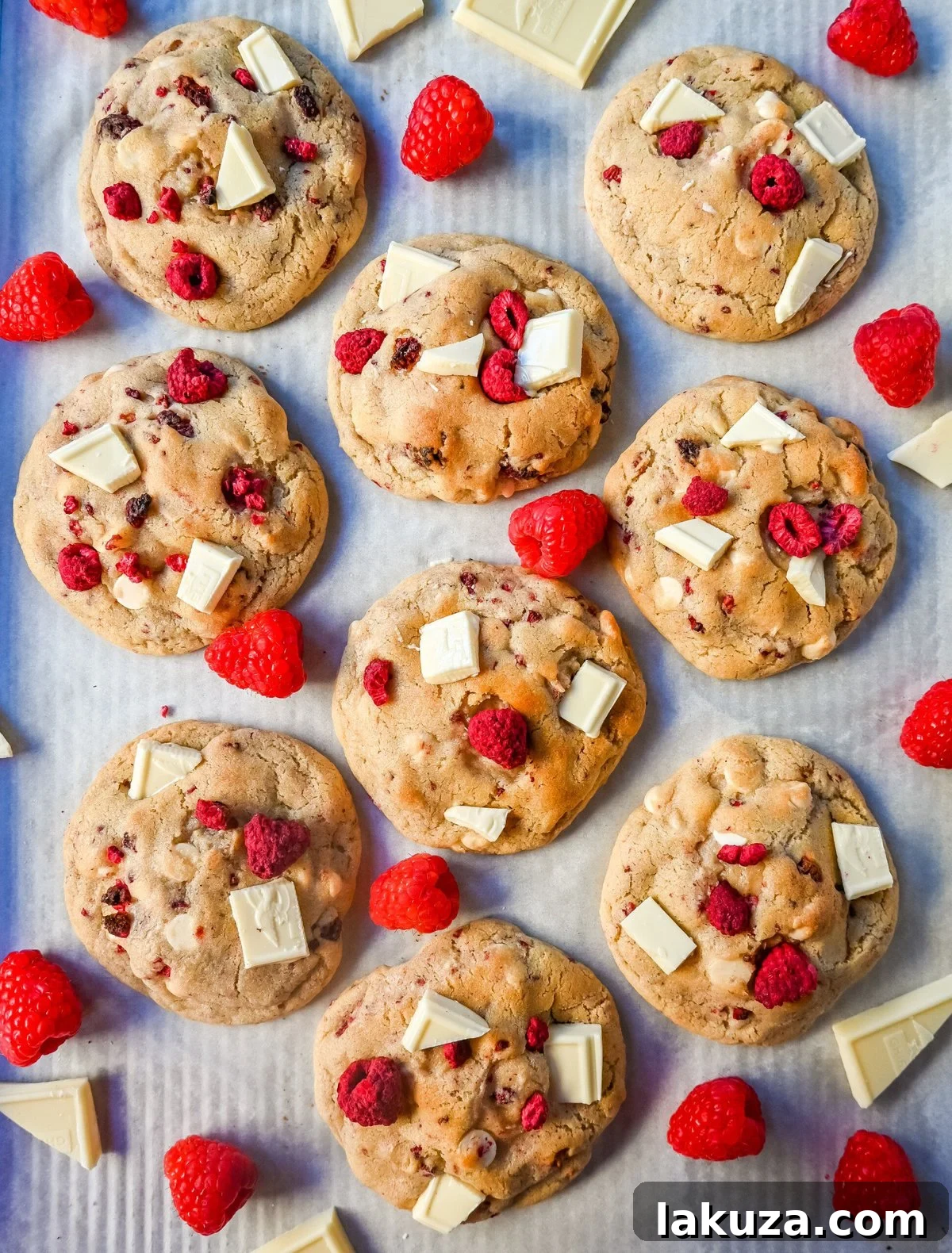 Freshly baked white chocolate raspberry cookies cooling on a wire rack, with vibrant red raspberries and melted white chocolate visible.
