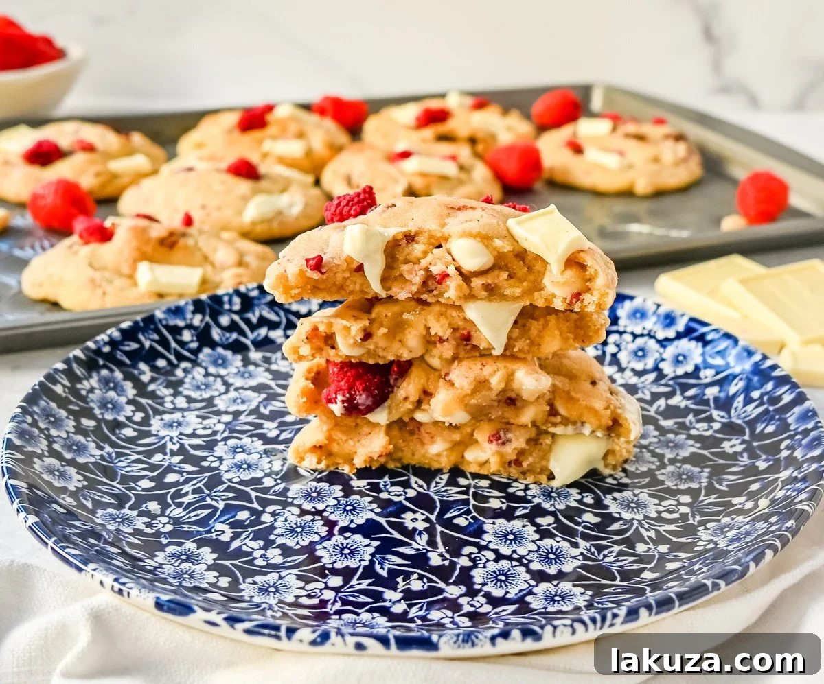 A close-up shot of a single white chocolate raspberry cookie, showing its inviting texture and appealing colors.