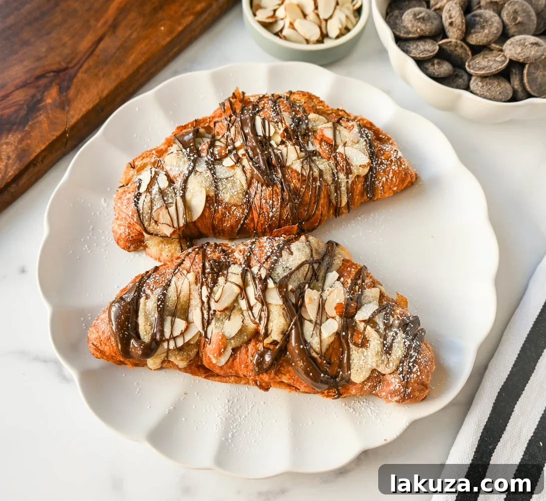 Irresistible Chocolate Almond Croissants 8 Stack of freshly baked chocolate almond croissants on a white plate, ready to be served.
