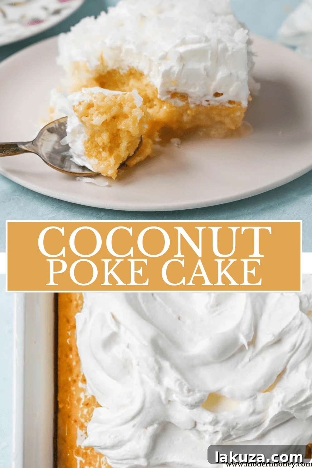 A vertical shot of the Coconut Poke Cake, highlighting its moist texture and beautiful whipped cream topping.