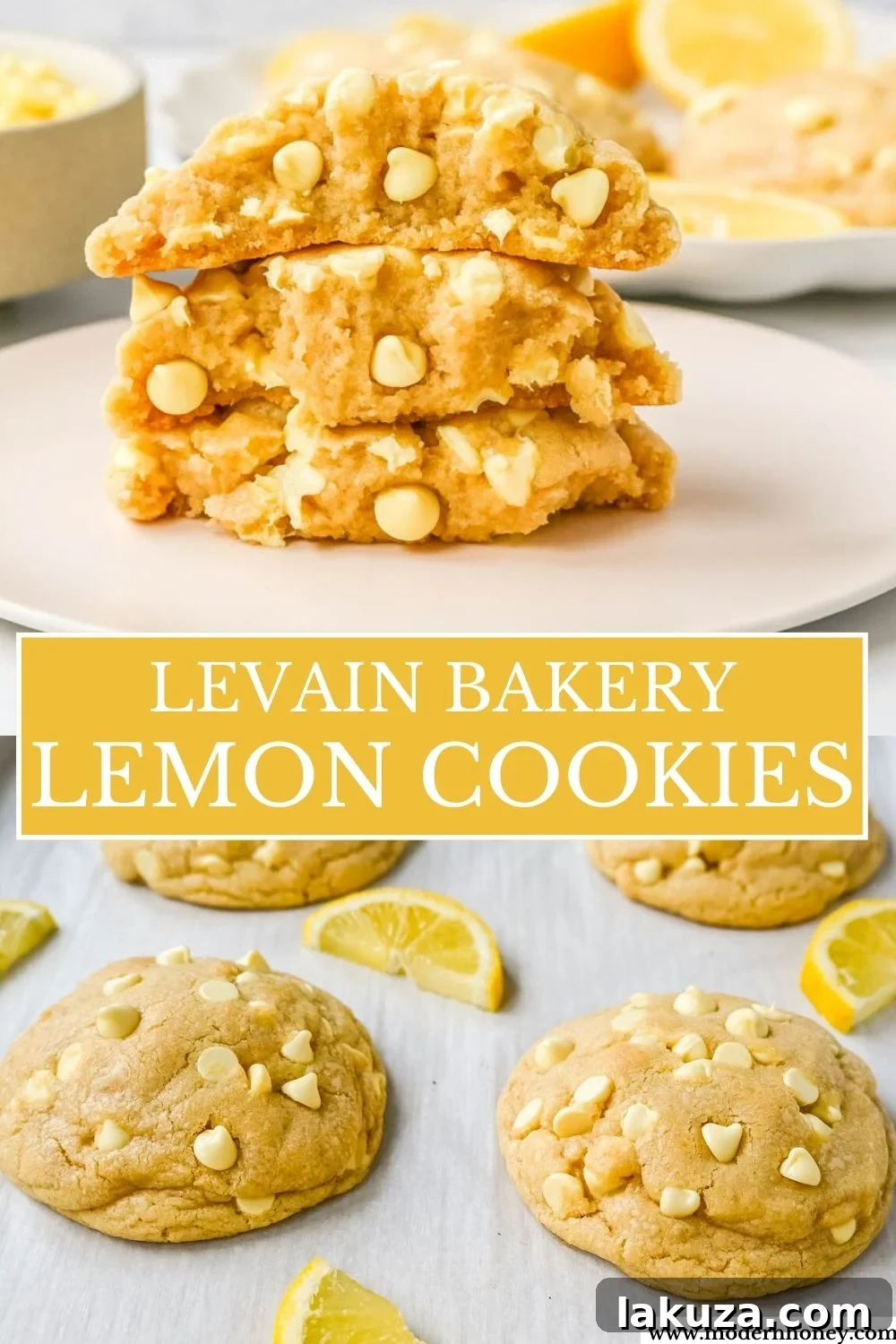 A beautifully presented stack of three thick Levain Bakery Lemon Cookies, perfectly golden and inviting.