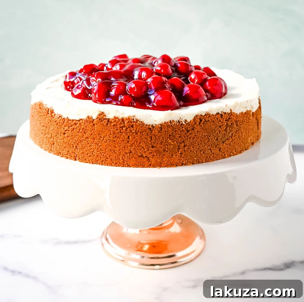 Effortless Cheesecake Delights 3 Whole No Bake Cheesecake on a stand, ready for serving.