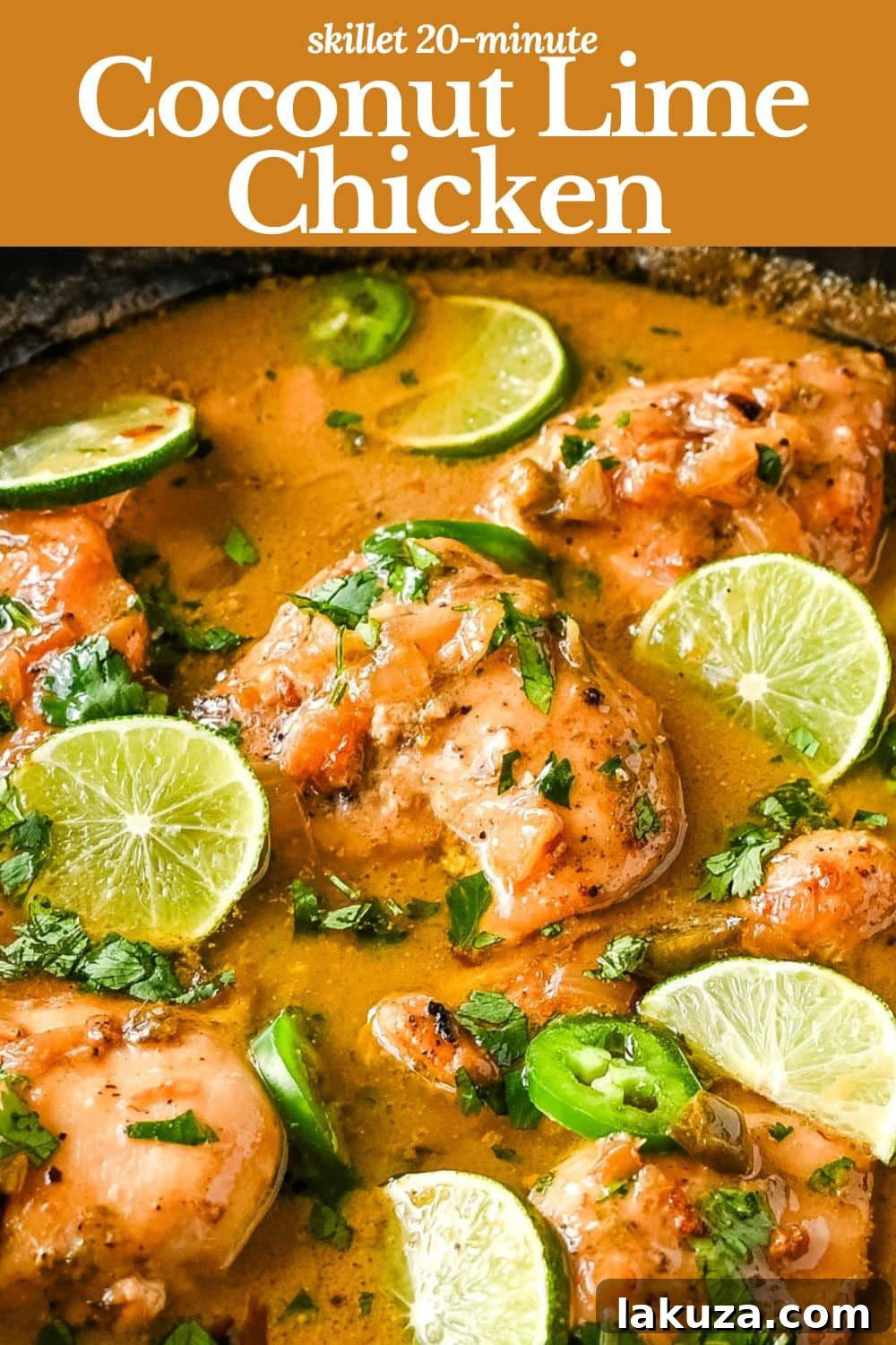 Island Zest Coconut Lime Chicken 6 Overhead shot of Skillet Coconut Lime Chicken garnished with fresh herbs and lime wedges.