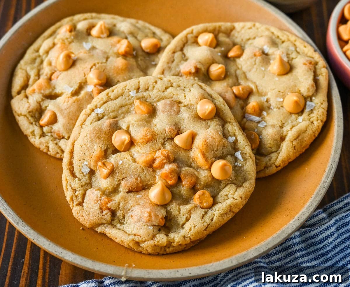 Several butterscotch chip cookies arranged on a cooling rack, showcasing their uniform size and golden color.