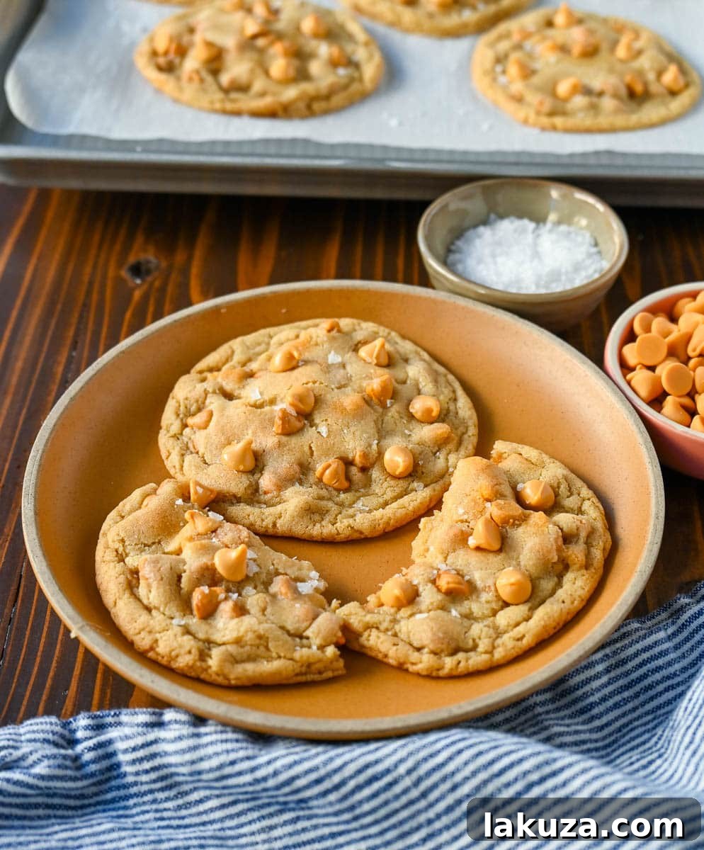 Close-up of a single butterscotch chip cookie on a white background, showing its soft texture and abundant chips.