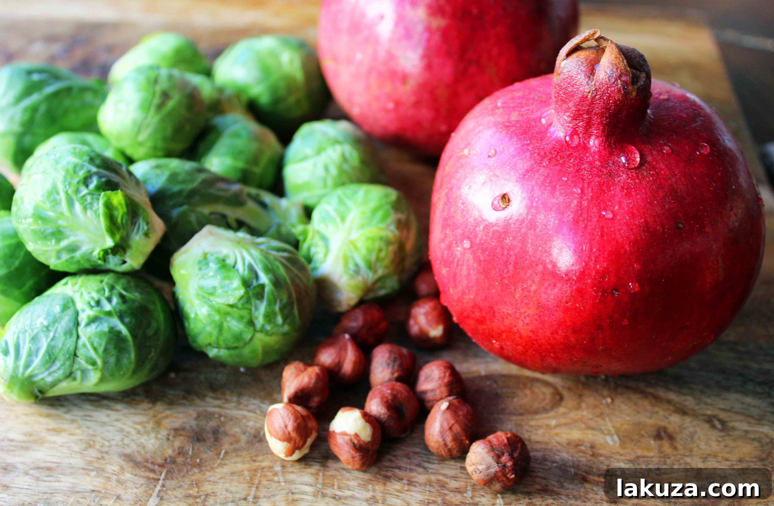 Smoky Bacon and Caramelized Brussels Sprouts 5 A generous serving of Bacon Roasted Brussels Sprouts with Pomegranates and Hazelnuts, a healthy Thanksgiving side dish.
