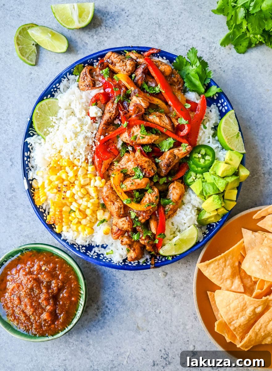 Sizzling Chicken Fajita Bowl 5 Beautifully assembled Chicken Fajita Bowl, rich in color and texture, ready to be enjoyed as a healthy and satisfying meal.