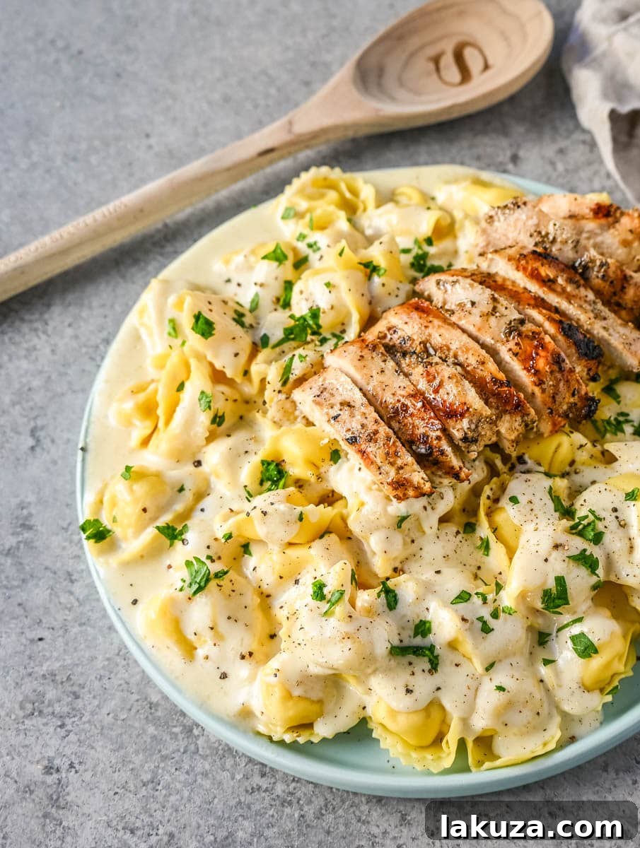 Grilled Chicken and Creamy Alfredo Tortellini 4 Various ingredients for Tortellini Alfredo: chicken, tortellini, heavy cream, butter, garlic, and Parmesan cheese.
